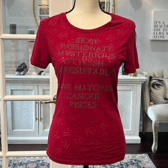 SCORPIO Red Burnout T-shirt Horoscope Zodiac Embellished Shirt NWT Express M - Picture 1 of 9